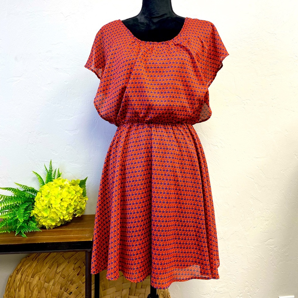 Bar III Orange and Blue Abstract Open Sleeve Dress Size M